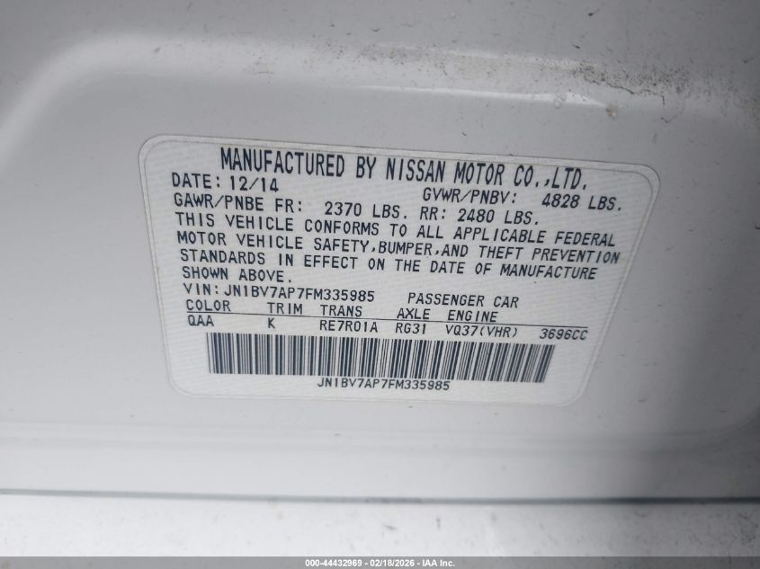 2015 Infiniti Q50 VIN: JN1BV7AP7FM335985 Lot: 44432969