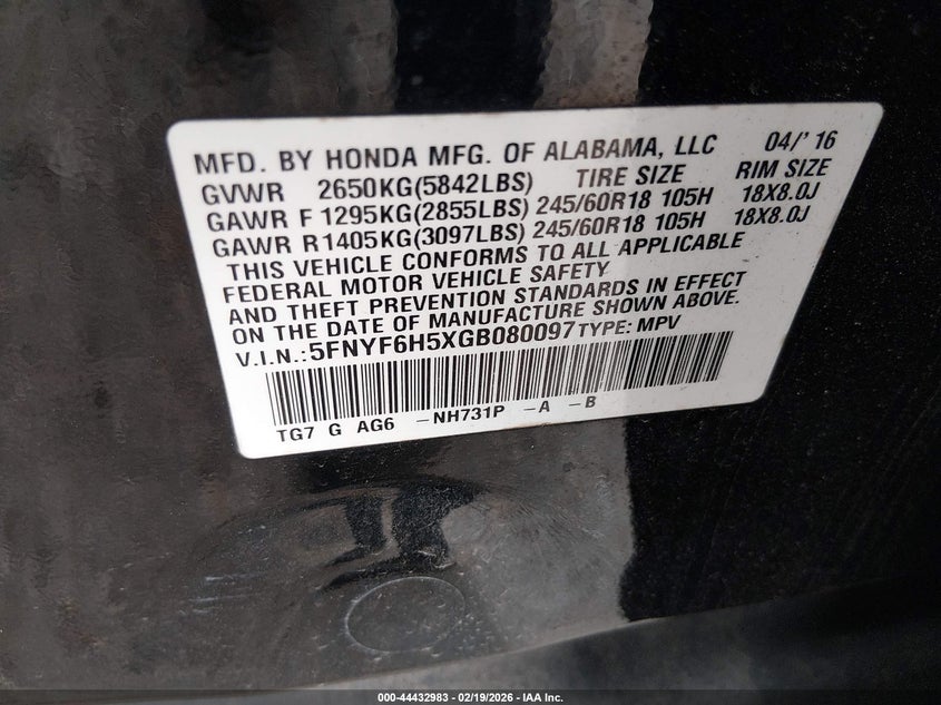 2016 Honda Pilot Ex-L VIN: 5FNYF6H5XGB080097 Lot: 44432983