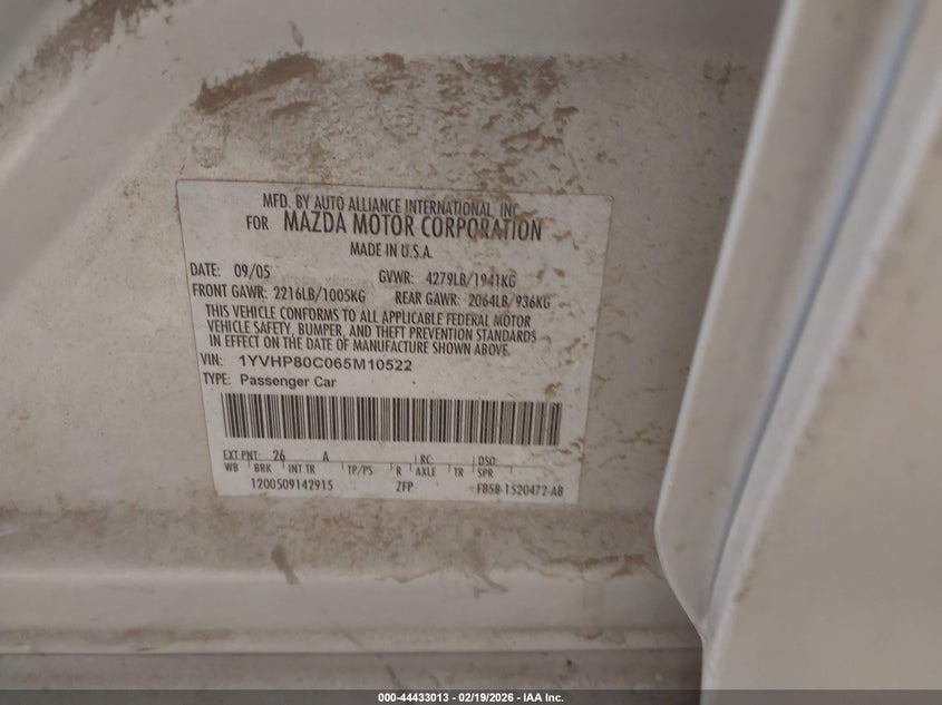 2006 Mazda Mazda6 I Sport VIN: 1YVHP80C065M10522 Lot: 44433013