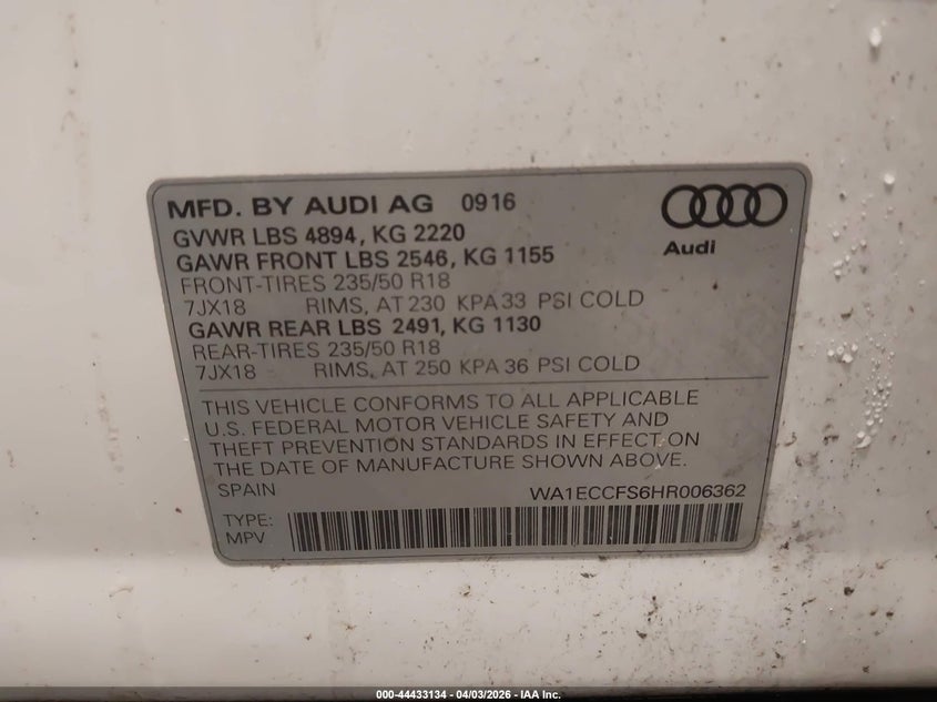 2017 Audi Q3 2.0T Premium VIN: WA1ECCFS6HR006362 Lot: 44433134