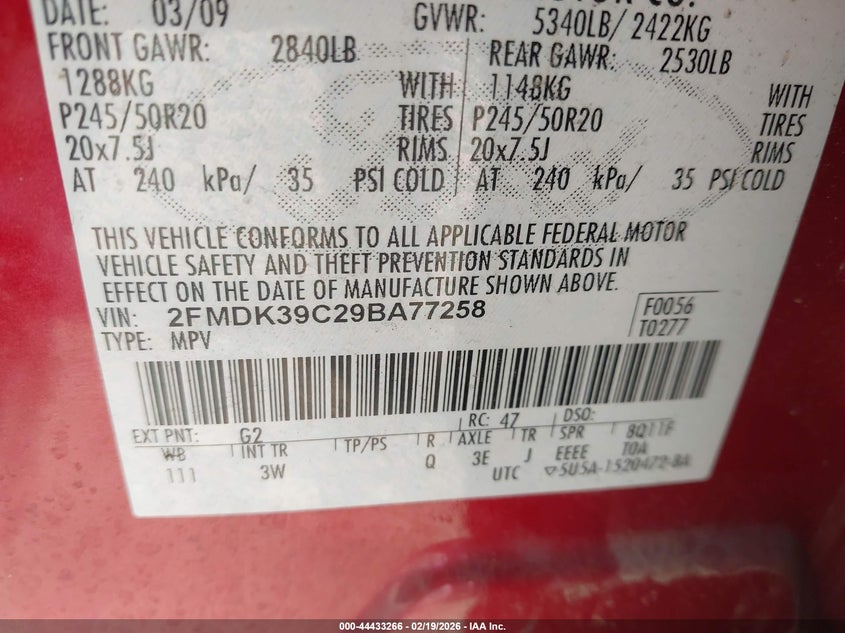 2009 Ford Edge Limited VIN: 2FMDK39C29BA77258 Lot: 44433266