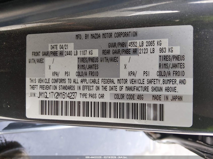2021 Mazda Mazda6 Grand Touring VIN: JM1GL1TY2M1614237 Lot: 44433325
