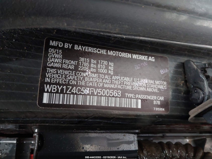 2015 BMW I3 Base W/Range Extender VIN: WBY1Z4C57FV500563 Lot: 44433393