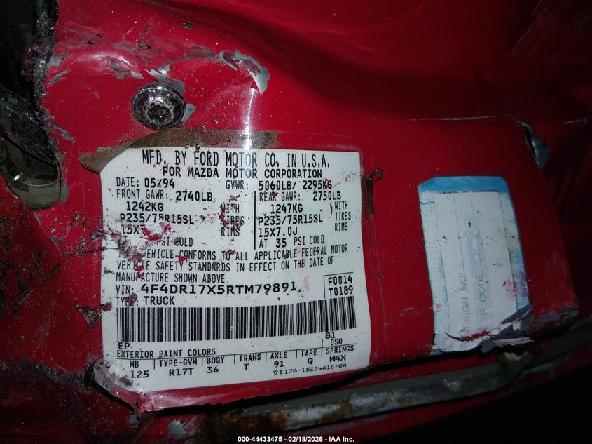 1994 Mazda B4000 Cab Plus VIN: 4F4DR17X5RTM79891 Lot: 44433475