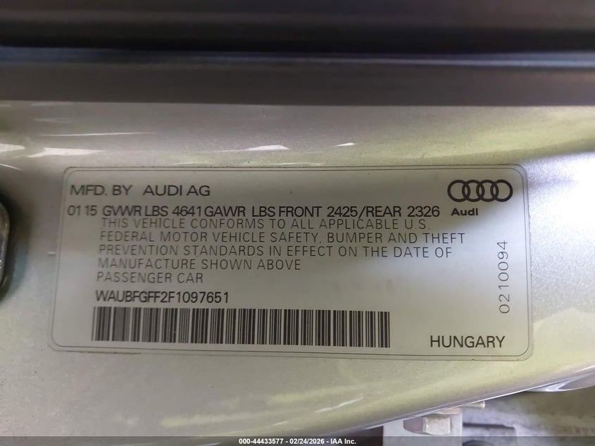 2015 Audi S3 2.0T Premium Plus VIN: WAUBFGFF2F1097651 Lot: 44433577