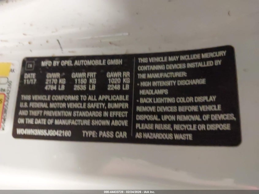 2018 Buick Cascada Premium VIN: W04WH3N55JG042160 Lot: 44433728