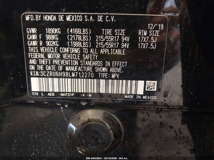 2020 Honda Hr-V Awd Touring VIN: 3CZRU6H98LM712270 Lot: 44433841