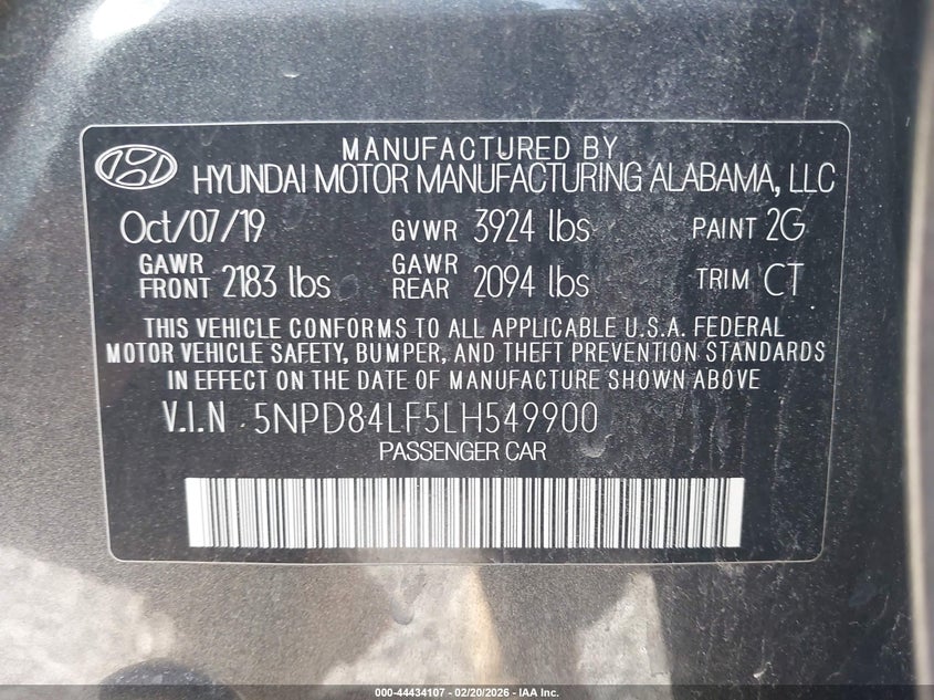 VIN 5NPD84LF5LH549900 2020 HYUNDAI ELANTRA SEL