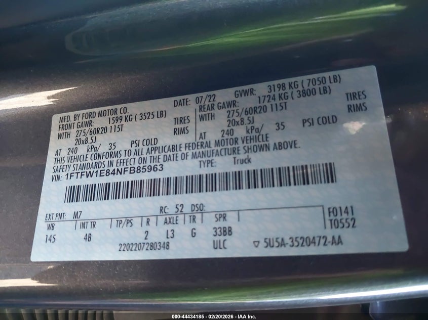 VIN 1FTFW1E84NFB85963 2022 FORD F-150 XLT