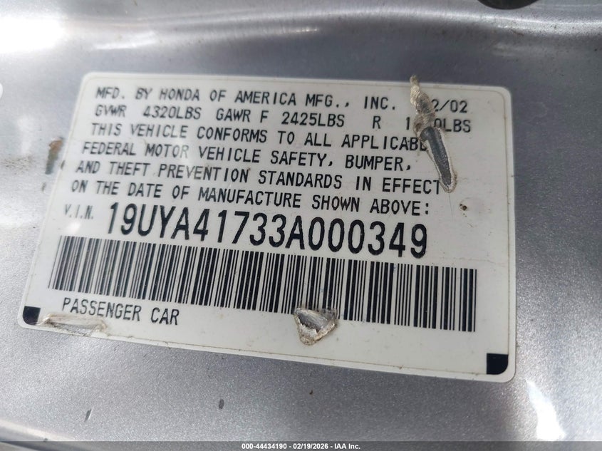 2003 Acura Cl 3.2 Type S VIN: 19UYA41733A000349 Lot: 44434190