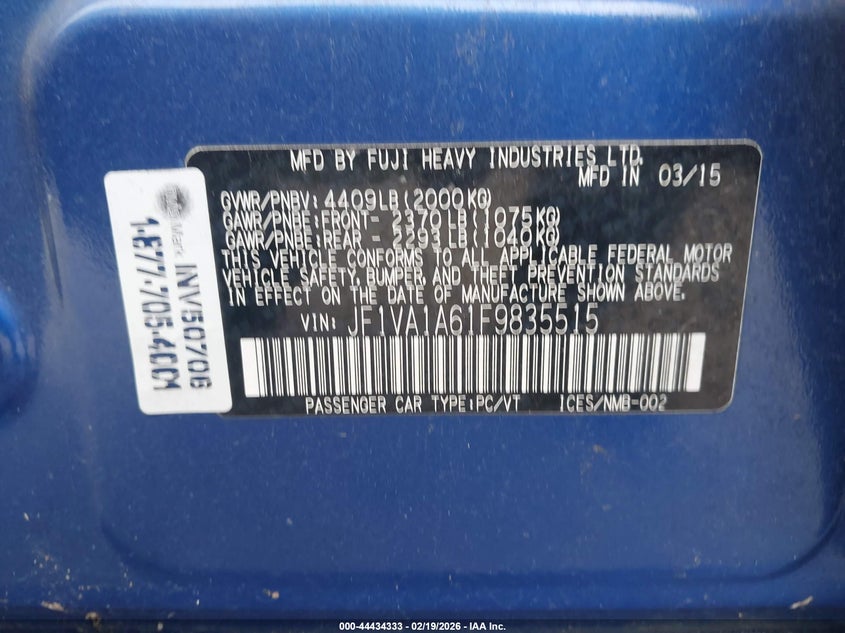 2015 Subaru Wrx VIN: JF1VA1A61F9835515 Lot: 44434333