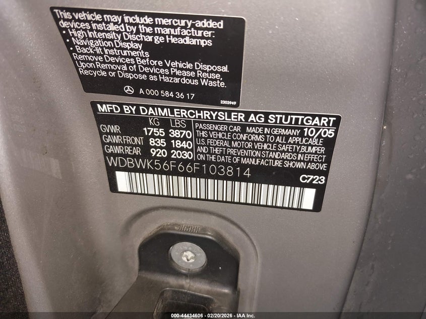 2006 Mercedes-Benz Slk 350 VIN: WDBWK56F66F103814 Lot: 44434606