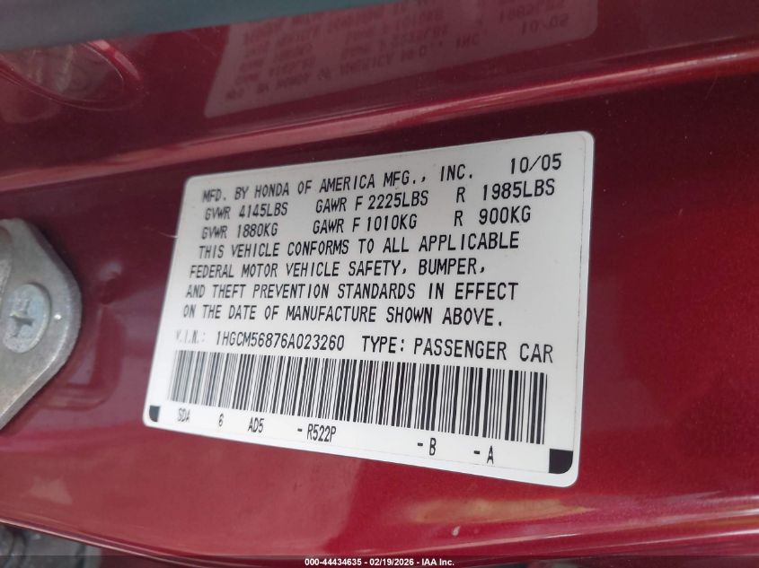 2006 Honda Accord 2.4 Ex VIN: 1HGCM56876A023260 Lot: 44434635