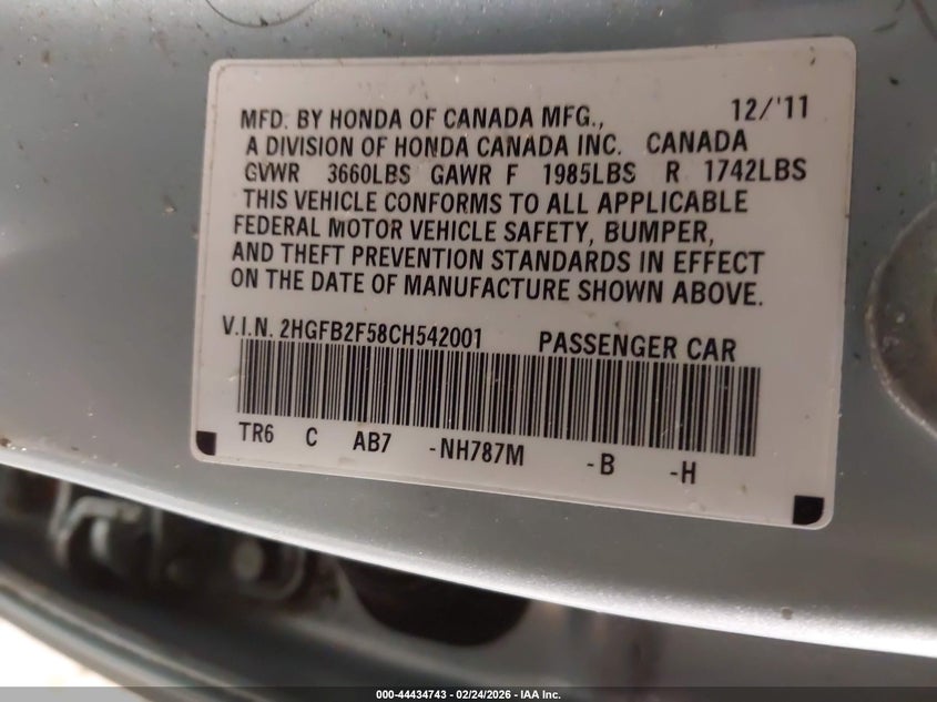 2012 Honda Civic 1.8 Lx silver Lot 111044434743 Vin 2HGFB2F58CH542001