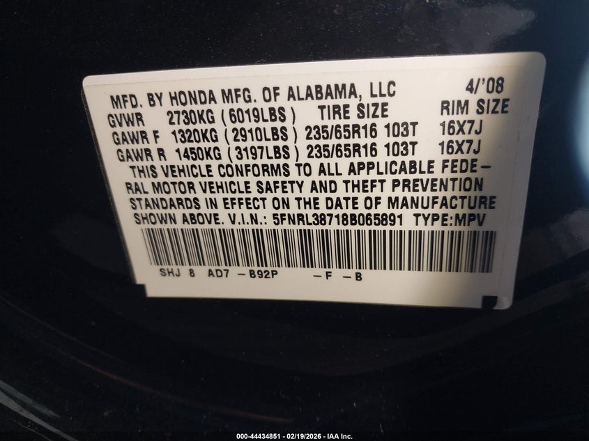 2008 Honda Odyssey Ex-L VIN: 5FNRL38718B065891 Lot: 44434851