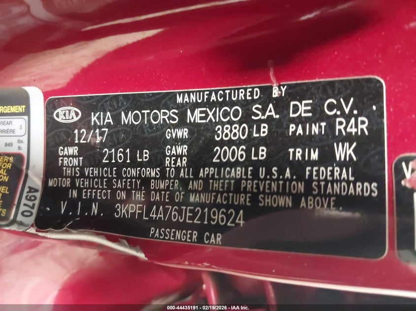 2018 Kia Forte S VIN: 3KPFL4A76JE219624 Lot: 44435191
