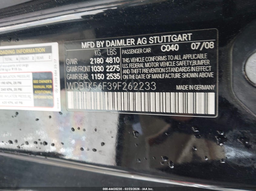 2009 Mercedes-Benz Clk 350 VIN: WDBTK56F39F262233 Lot: 44435230