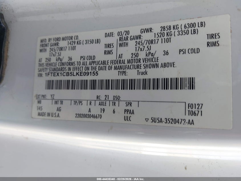 VIN 1FTEX1CB5LKE09155 2020 FORD F-150 XL