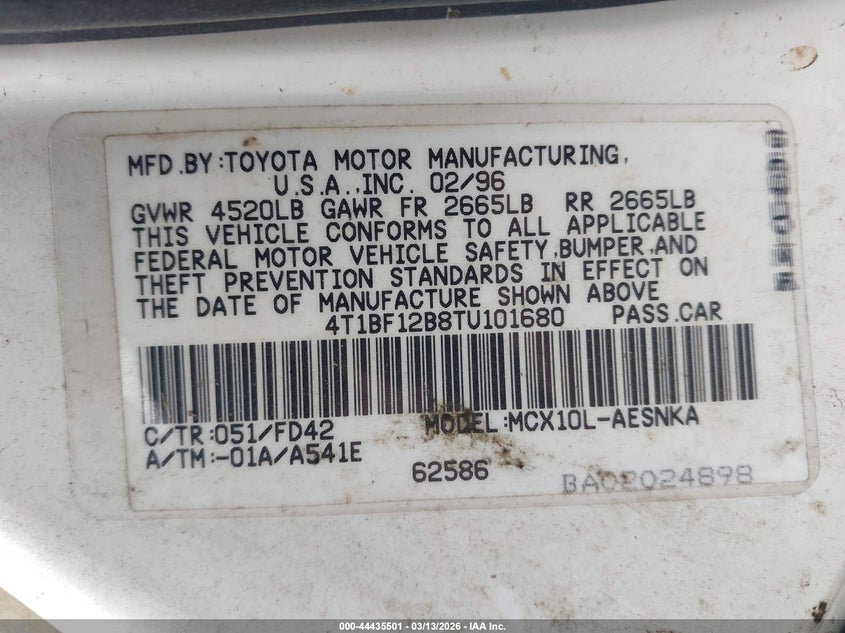 1996 Toyota Avalon Xl/Xls VIN: 4T1BF12B8TU101680 Lot: 44435501