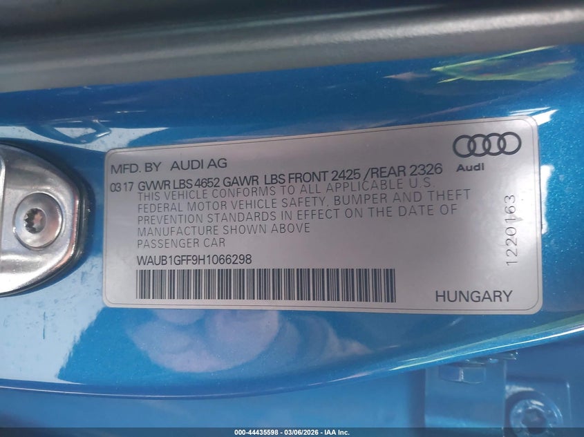 2017 Audi S3 2.0T Premium Plus VIN: WAUB1GFF9H1066298 Lot: 44435598