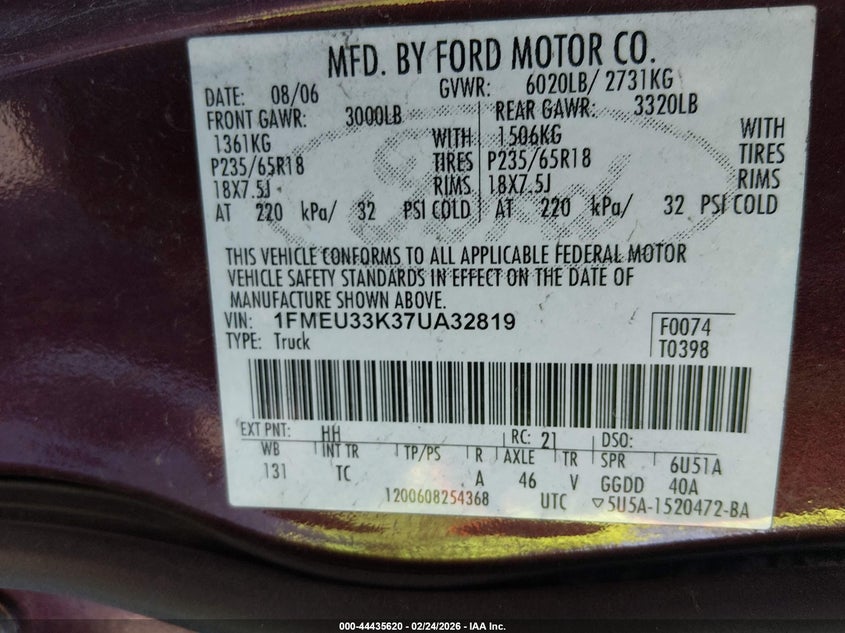 2007 Ford Explorer Sport Trac Limited VIN: 1FMEU33K37UA32819 Lot: 44435620
