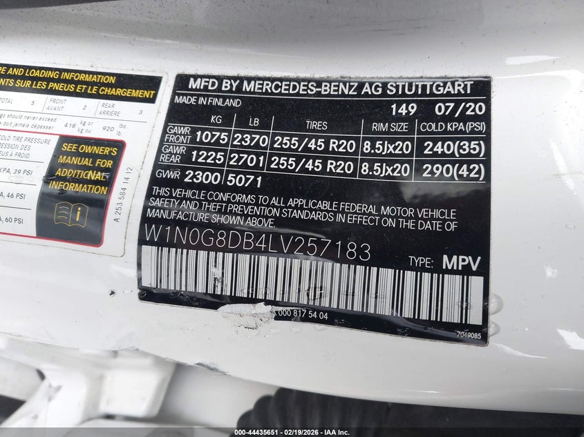 2020 Mercedes-Benz Glc 300 VIN: W1N0G8DB4LV257183 Lot: 44435651