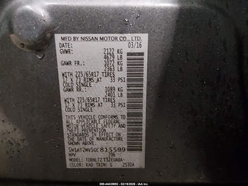 2016 Nissan Rogue Sv VIN: 5N1AT2MV5GC815599 Lot: 44435692