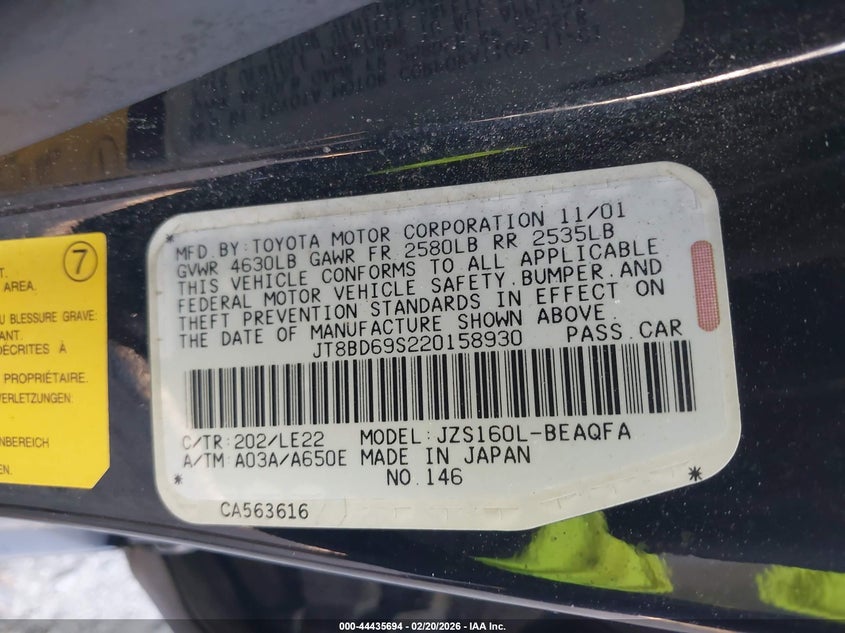 2002 Lexus Gs 300 VIN: JT8BD69S220158930 Lot: 44435694