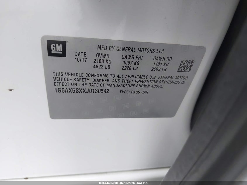2018 Cadillac Cts Luxury VIN: 1G6AX5SXXJ0130542 Lot: 44435698