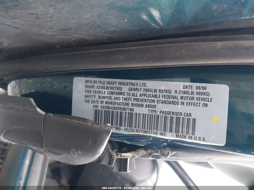 1997 Subaru Legacy L/Postal Rhd VIN: 4S3BK435XV6307780 Lot: 44435719