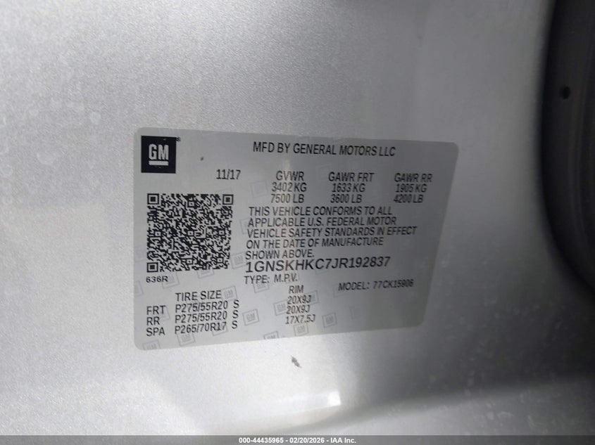 2018 Chevrolet Suburban Lt VIN: 1GNSKHKC7JR192837 Lot: 44435965