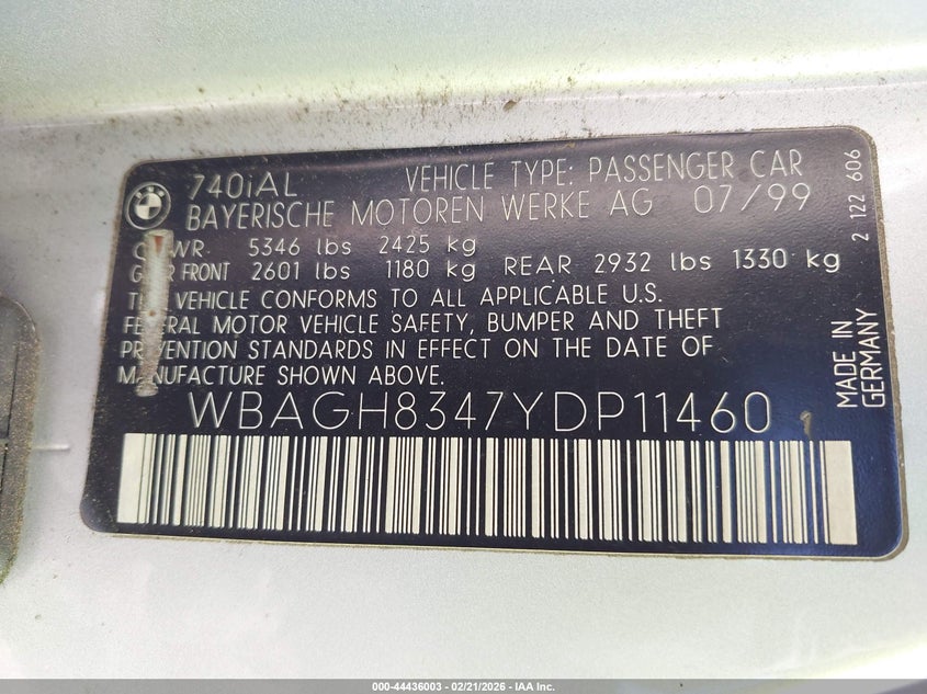 2000 BMW 740Il VIN: WBAGH8347YDP11460 Lot: 44436003