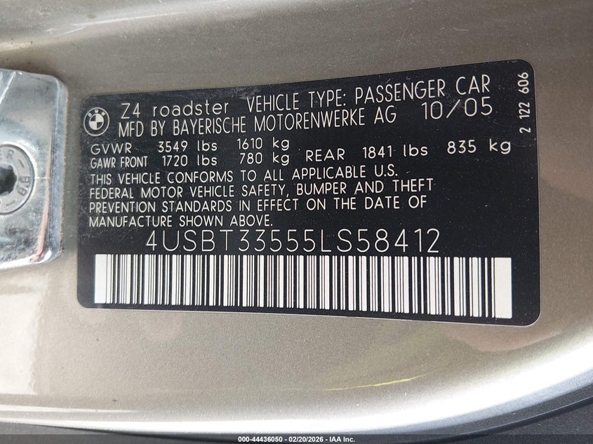 2005 BMW Z4 2.5I VIN: 4USBT33555LS58412 Lot: 44436050