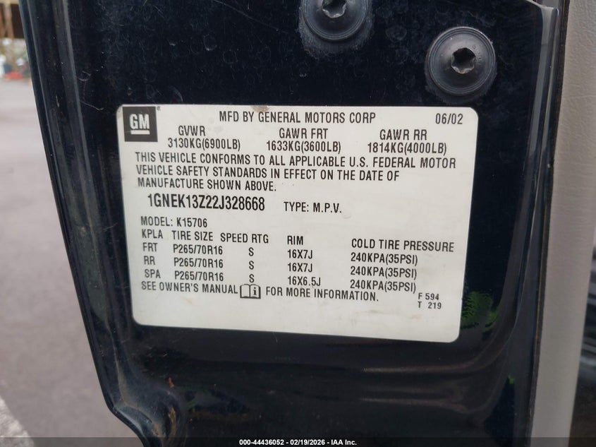 2002 Chevrolet Tahoe Lt VIN: 1GNEK13Z22J328668 Lot: 44436052