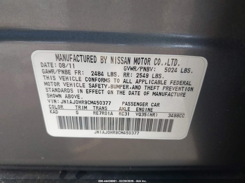 2012 Infiniti Ex35 Journey VIN: JN1AJ0HR9CM450377 Lot: 44436061