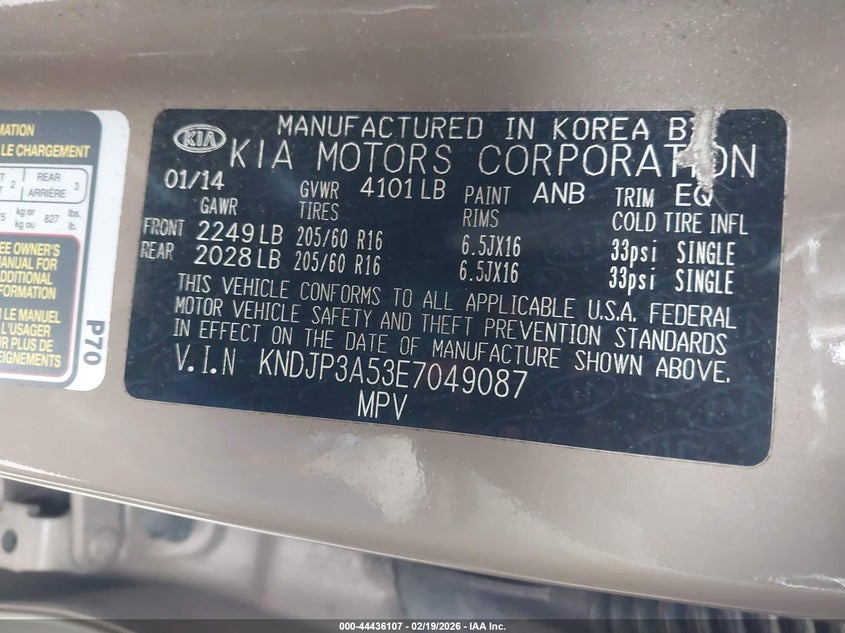 2014 Kia Soul + VIN: KNDJP3A53E7049087 Lot: 44436107