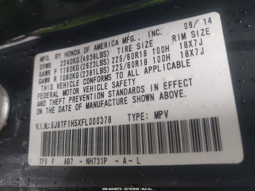 2015 Honda Crosstour Ex-L V6 VIN: 5J6TF1H5XFL000378 Lot: 44436275