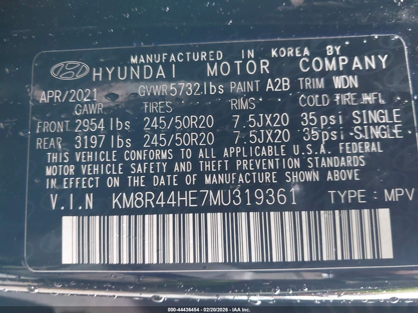 2021 Hyundai Palisade Sel VIN: KM8R44HE7MU319361 Lot: 44436454