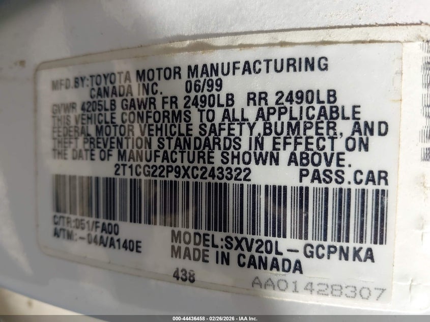 1999 Toyota Camry Solara Se VIN: 2T1CG22P9XC243322 Lot: 44436458