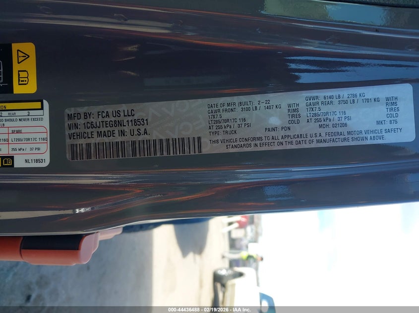 2022 Jeep Gladiator Mojave 4X4 VIN: 1C6JJTEG8NL118531 Lot: 44436488