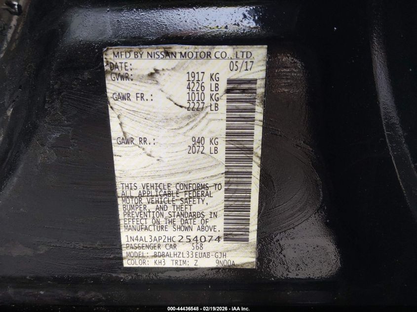 2017 Nissan Altima 2.5 Sr VIN: 1N4AL3AP2HC254074 Lot: 44436548