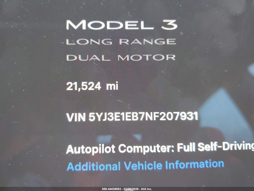2022 Tesla Model 3 Long Range Dual Motor All-Wheel Drive VIN: 5YJ3E1EB7NF207931 Lot: 44436563