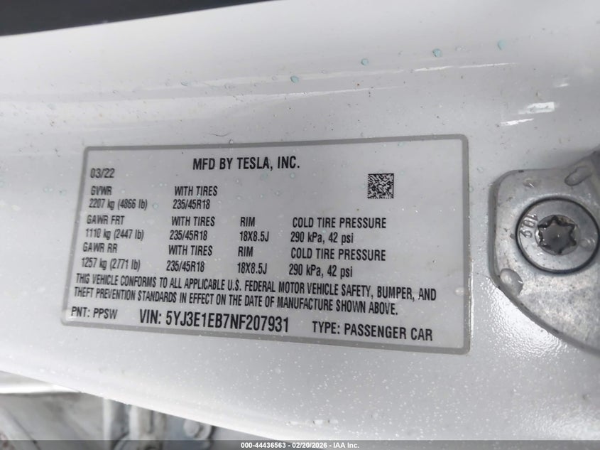 2022 Tesla Model 3 Long Range Dual Motor All-Wheel Drive VIN: 5YJ3E1EB7NF207931 Lot: 44436563