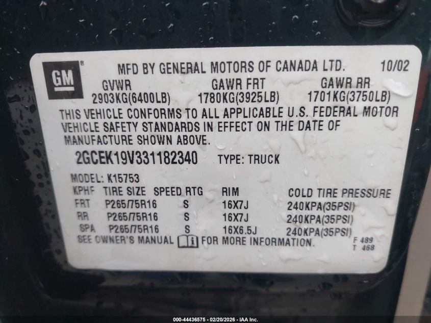 2003 Chevrolet Silverado 1500 Ls VIN: 2GCEK19V331182340 Lot: 44436575