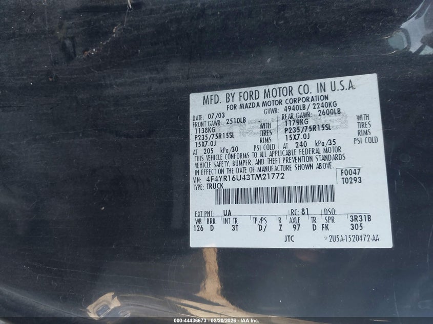 2003 Mazda B3000 Ds VIN: 4F4YR16U43TM21772 Lot: 44436673