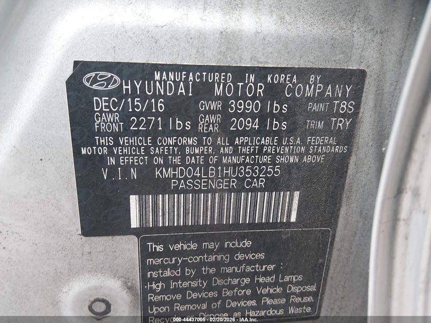 VIN KMHD04LB1HU353255 2017 HYUNDAI ELANTRA SPORT