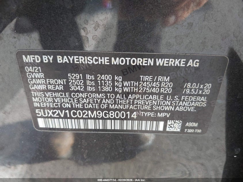 2021 BMW X4 VIN: 5UX2V1C02M9G80014