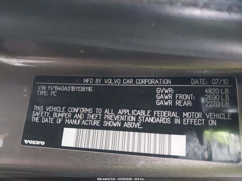 2011 Volvo S80 3.2 VIN: YV1940AS1B1138116 Lot: 44437332