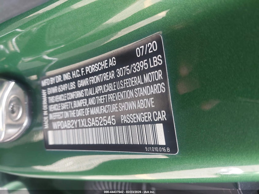 2020 Porsche Taycan 4S VIN: WP0AB2Y1XLSA52545 Lot: 44437542