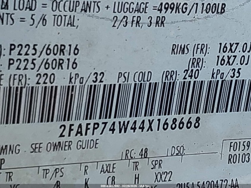 2004 Ford Crown Victoria Lx VIN: 2FAFP74W44X168668 Lot: 44437592